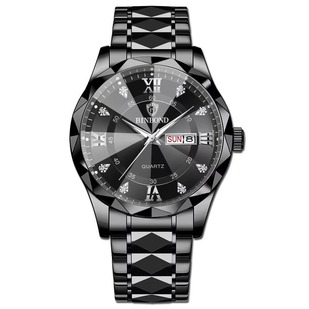 Binbond Full Black 2521 Quartz diamond cutting Dail wrist watch